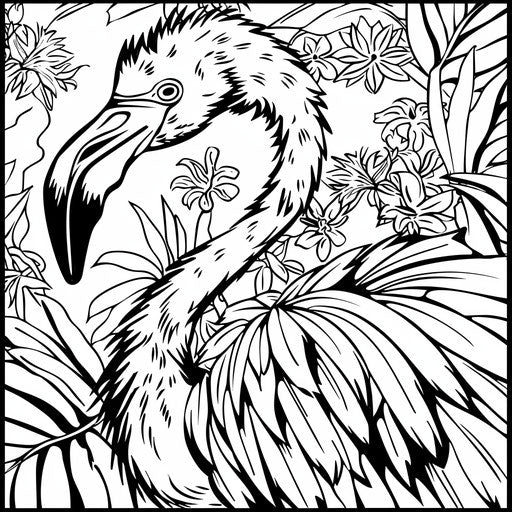 Comical flamingo with exaggerated features in the style of a coloring book page