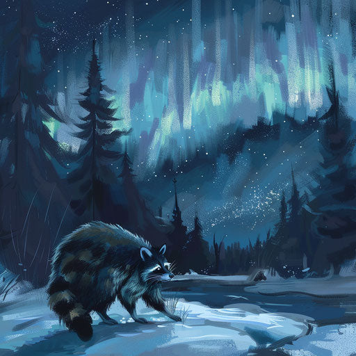 A raccoon foraging at the forest edge, under the northern lights