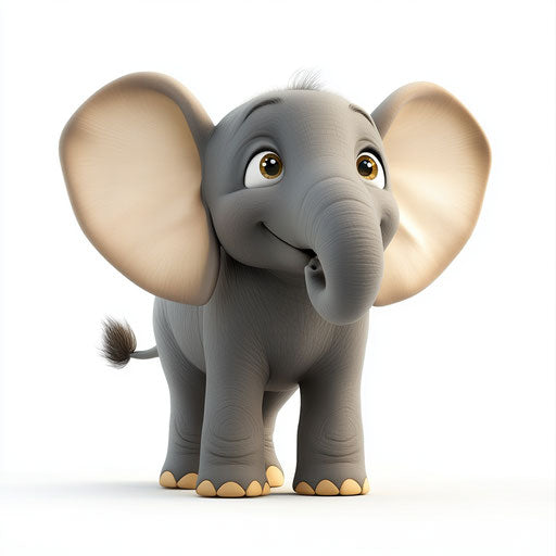 3D cartoon elephant png in photorealistic style on flat white background, isolated clipart