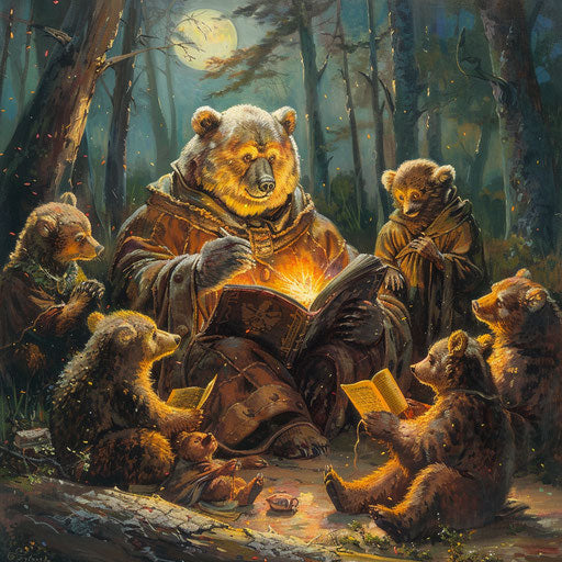A nostalgic painting of bears listening to a wise bear telling stories