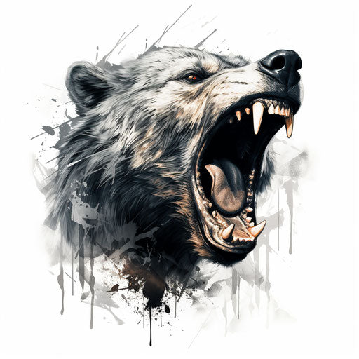 Bear in dynamic action painting, white and gray, metalcore