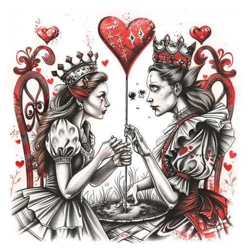 Colorful tattoo design of Alice at the croquet game with the Queen of Hearts, on pure white background