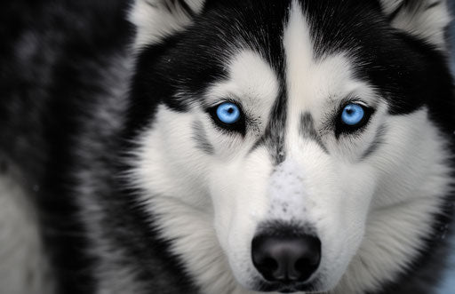 Black and white husky dog with blue eyes, silver and light maroon style