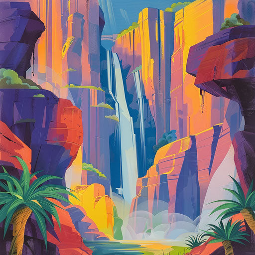 Victoria Falls with stylized rock formations and striking colors