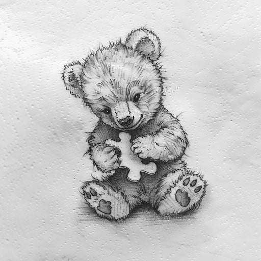 Sketch-style tattoo of a bear cub holding a puzzle piece on ivory canvas