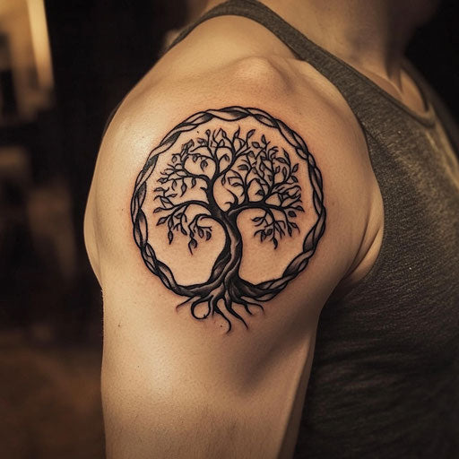 Upper arm tattoos for men with a tree of life, in the style of Peter Jackson