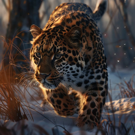 Dynamic interplay of shadow and light on the fur of an Amur leopard moving silently at dusk