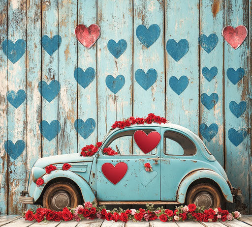 Vintage car with heart-shaped windows and red roses