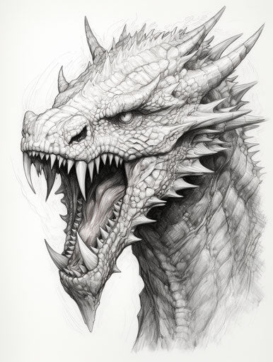 Drawing of a dragon with mouth open, fantasy realism style