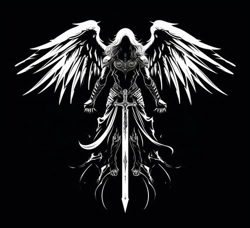 Black and white angel with sword, superhero style, stencil art