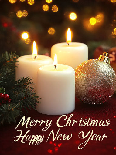 White candles, Christmas decorations, red and gold palette