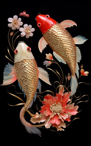 Water fish and lotus koi on black background