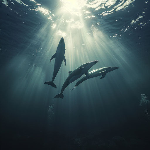 Whales diving deep into the ocean with rays of sunlight filtering