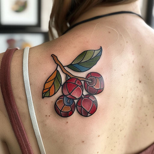 Stained glass style cherry tattoo on white background