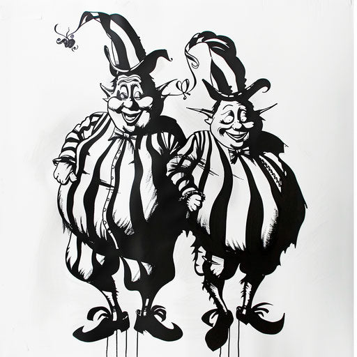 Black and white tattoo stencil of Tweedledee and Tweedledum, designed on a white surface with a touch of whimsy