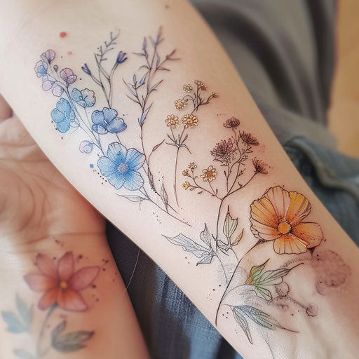 Minimalistic wildflower tattoos with a splash of watercolor