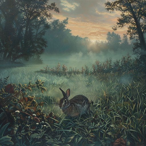 Sunrise meadow with emerging rabbit