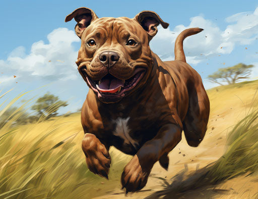 Adult pitbull dog running in grassy field