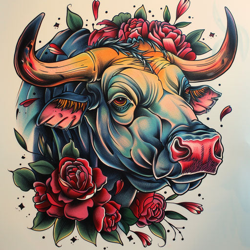 Neo-traditional bull tattoo illustration rich in colors and shading