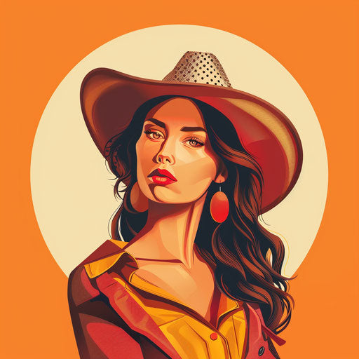 Realistic cowgirl illustration on flat sunset orange background