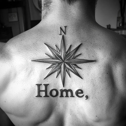Family tattoos for men, compass rose pointing towards 'Home', Peter Jackson style