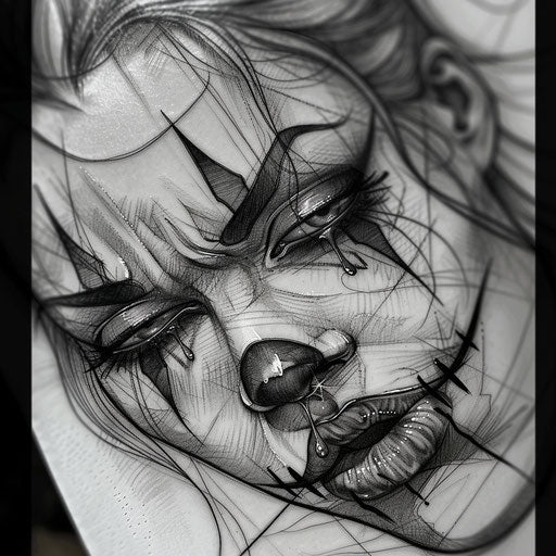 Tattoo sketch of an artistic Chicano clown girl with tears, dramatic and vivid
