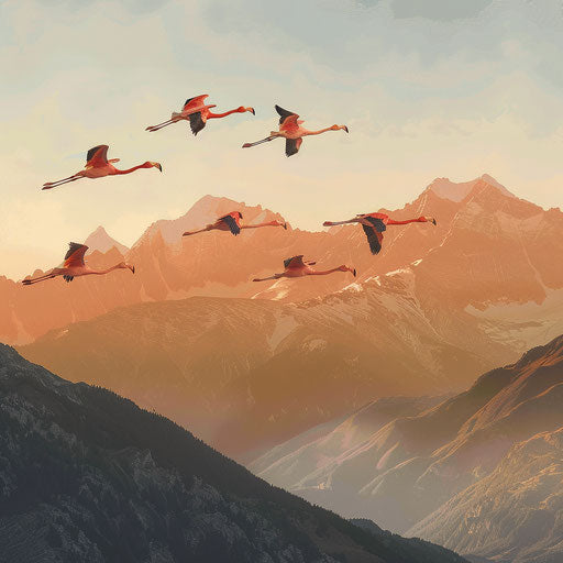 Flamingo flights at dawn over mountainous landscape