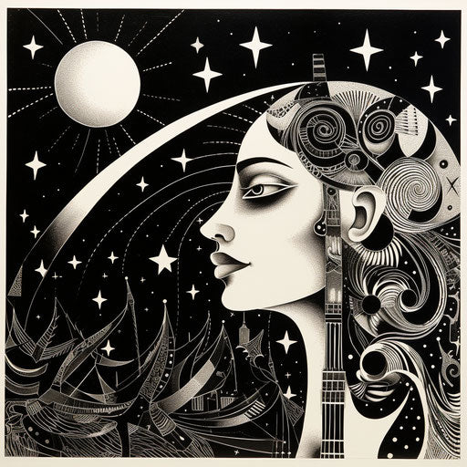 Black and white illustration of Sagittarius and the moon, victorian-inspired
