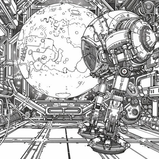 Futuristic robotic moon in a high-tech setting, Hideo Kojima style