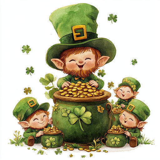 St. Patrick's Day, cute baby leprechauns near gold and shamrocks