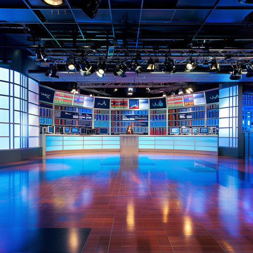 Financial news with anchors discussing market updates, sleek studio design
