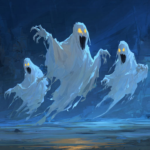 Spooky Halloween Scene with Flowing Ghosts