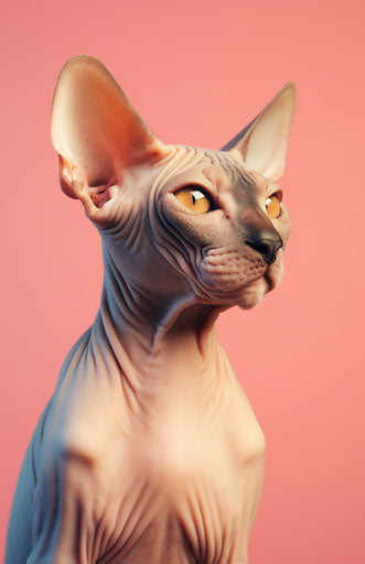 Sphinx cat on orange background, light beige and dark blue style