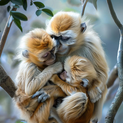 Family of monkeys grooming under a canopy