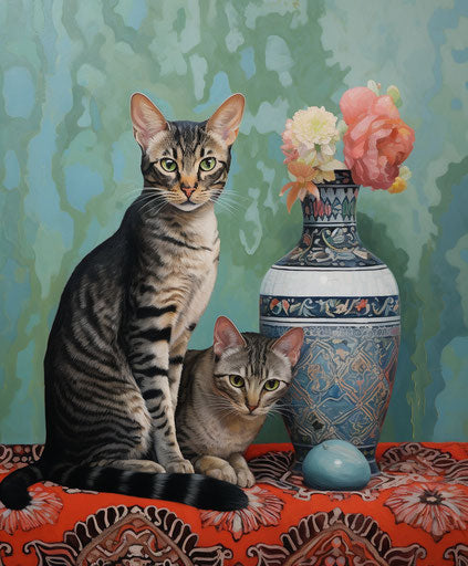 Two cats walk on a rug next to a patterned rug, in the style of dotted, animalier, light maroon and light emerald, striped arrangements, mottled, masculine, mallgoth 5:6