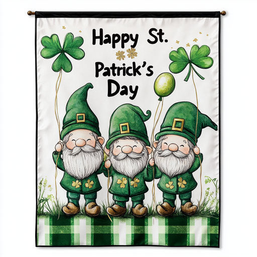 St. Patrick's Day garden flag with three cute gnomes