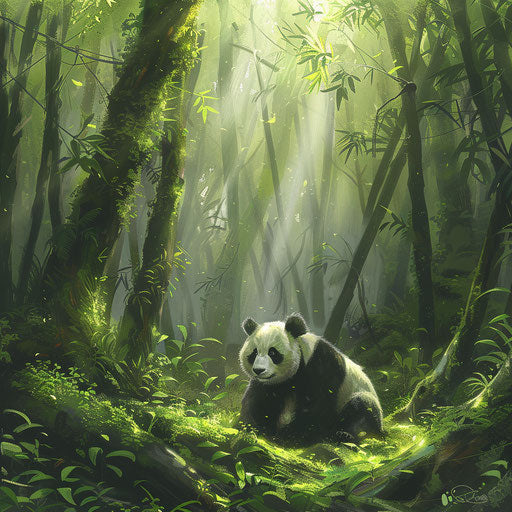 Giant panda exploring a mysterious, moss-covered bamboo grove