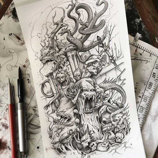 Neo-traditional flat tattoo sketch of a hell scene