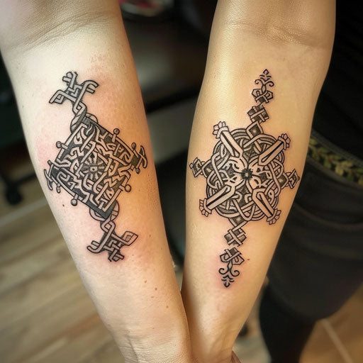 Matching sister tattoos of Viking symbols, Adrian Smith style, forearm