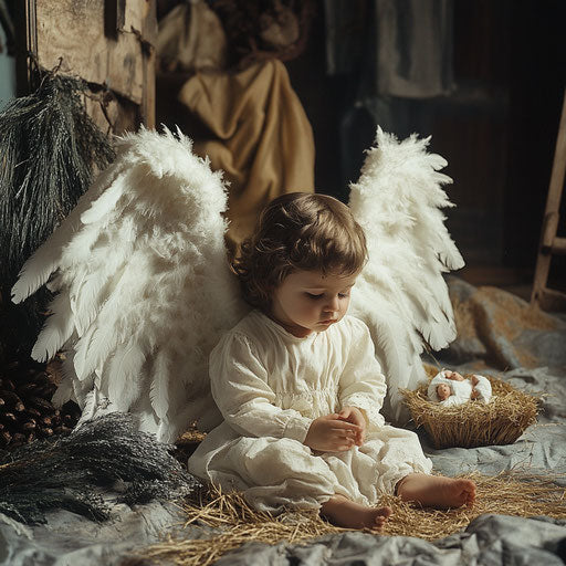 Little angel with white wings by a nativity scene