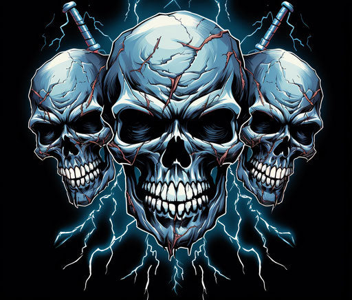 Three skulls with lightning bolts tattoo design, distorted style, light-shadow contrast, realistic human form, cartoon design, carving, extreme angle