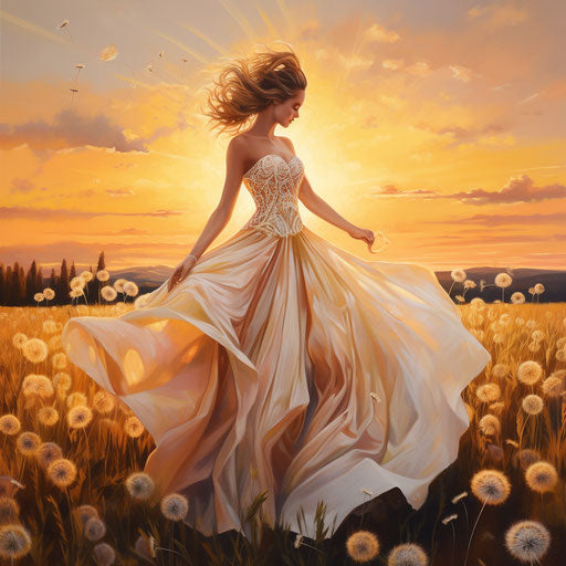 Wedding dress and dandelions at sunset