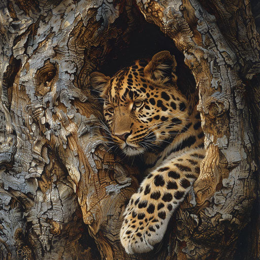 The Amur leopard perched gracefully in an ancient, gnarled tree