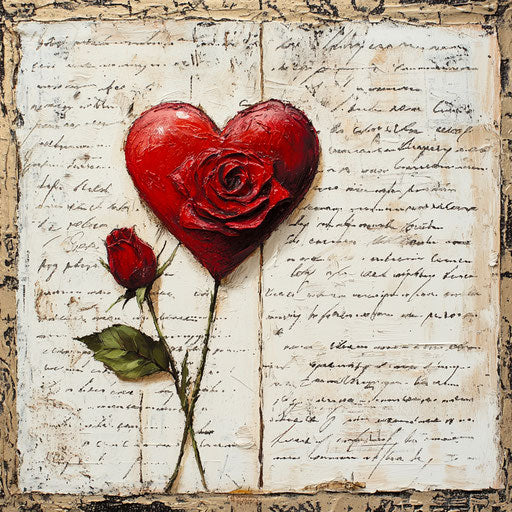 Valentine's Day wall art with red heart and rose on vintage love letters