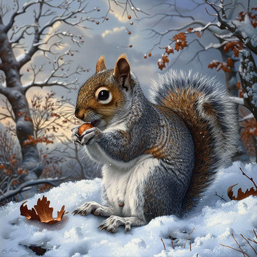 A squirrel eating an acorn in a snowy landscape