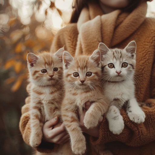 Three kittens with a person holding the cat