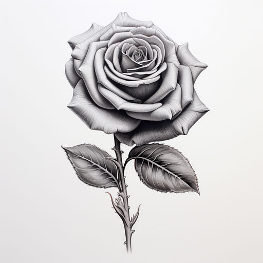 Drawing of a small hyper-detailed rose in gray and black