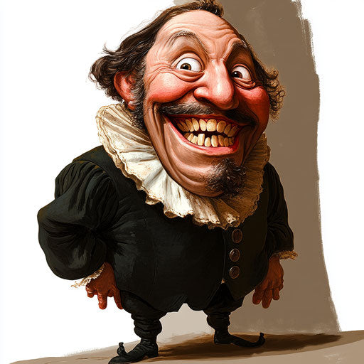 Humorous caricature of a Hugo Grotius clipart with human characteristics, exaggerated big teeth, big feet, rough edges, vibrant colors, cartoon style, laughing, high resolution, no background, isolated