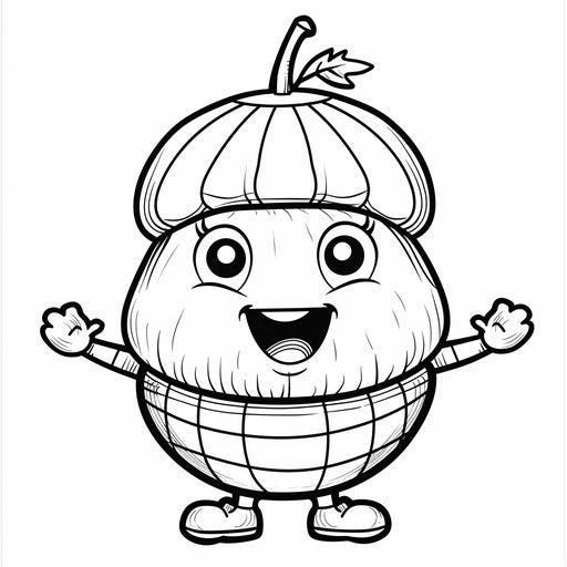A cheerful cartoon acorn with a smiling face and tiny arms