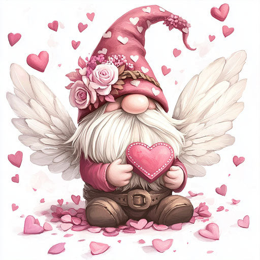Valentine's Day gnome with wings holding a heart-shaped box of candy